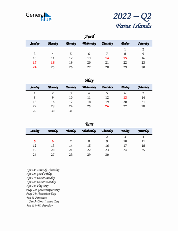 April, May, and June Calendar for Faroe Islands with Sunday Start