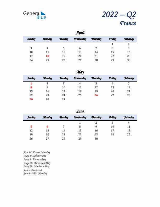 April, May, and June Calendar for France with Sunday Start