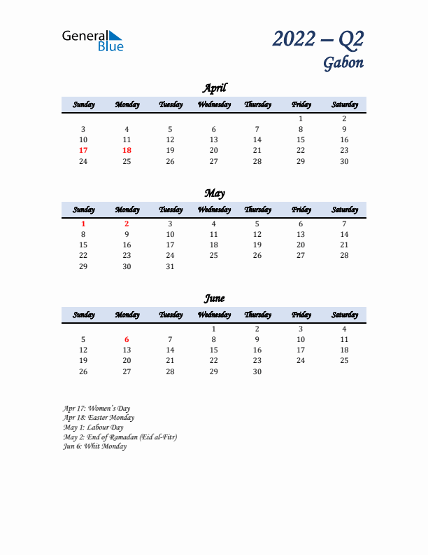 April, May, and June Calendar for Gabon with Sunday Start