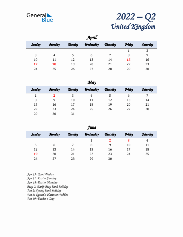 April, May, and June Calendar for United Kingdom with Sunday Start