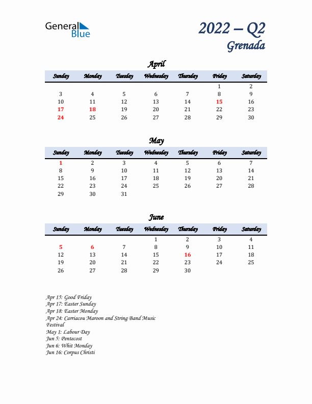 April, May, and June Calendar for Grenada with Sunday Start