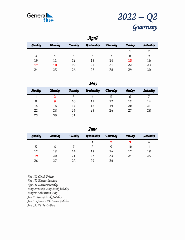 April, May, and June Calendar for Guernsey with Sunday Start