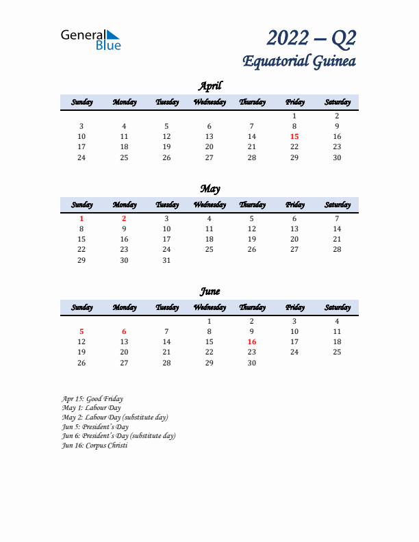 April, May, and June Calendar for Equatorial Guinea with Sunday Start