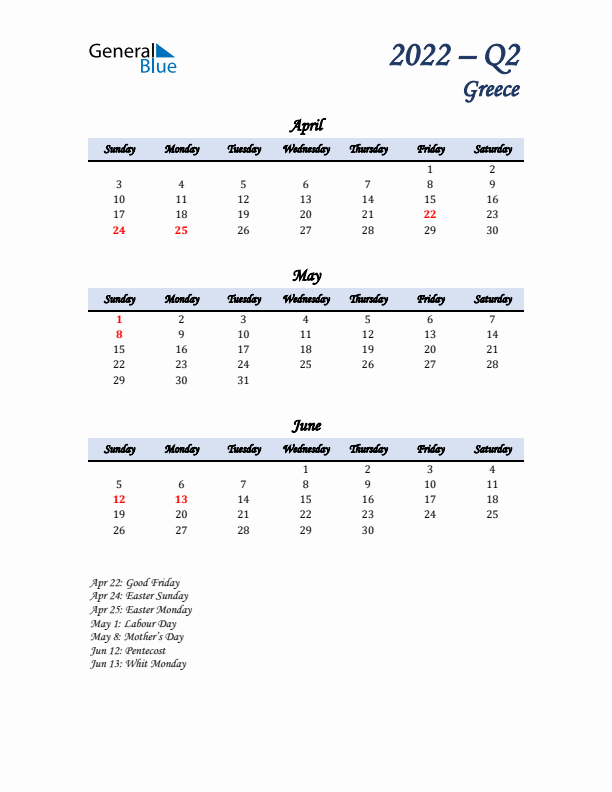 April, May, and June Calendar for Greece with Sunday Start