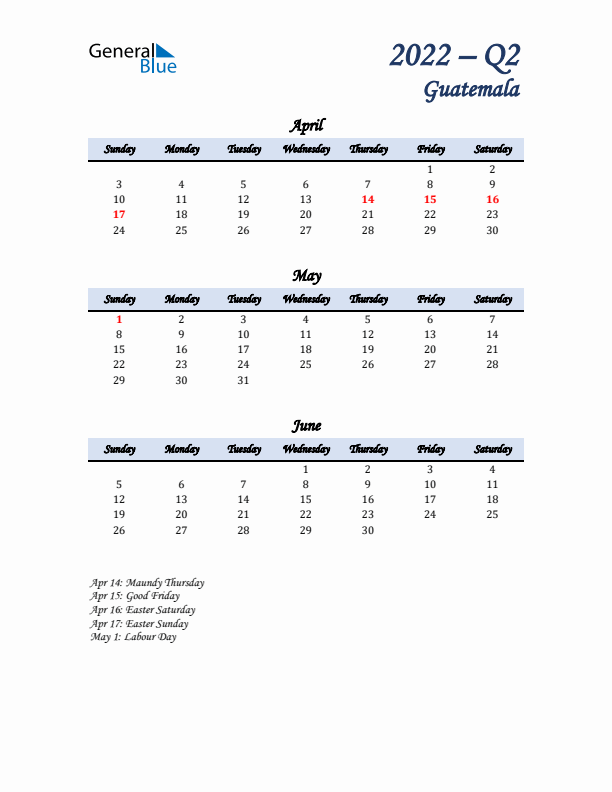 April, May, and June Calendar for Guatemala with Sunday Start