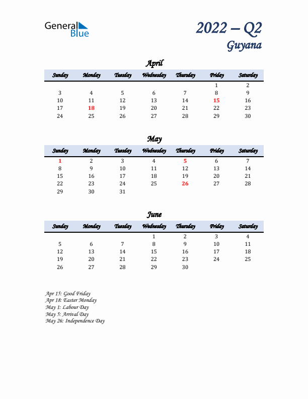 April, May, and June Calendar for Guyana with Sunday Start