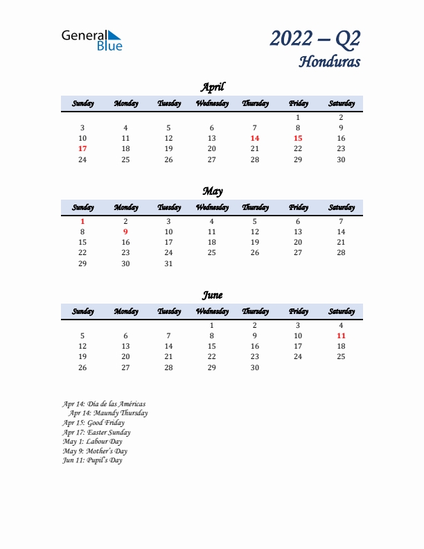 April, May, and June Calendar for Honduras with Sunday Start