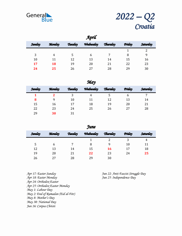 April, May, and June Calendar for Croatia with Sunday Start