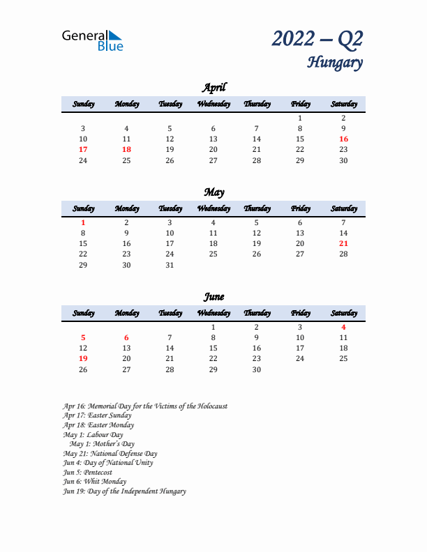 April, May, and June Calendar for Hungary with Sunday Start