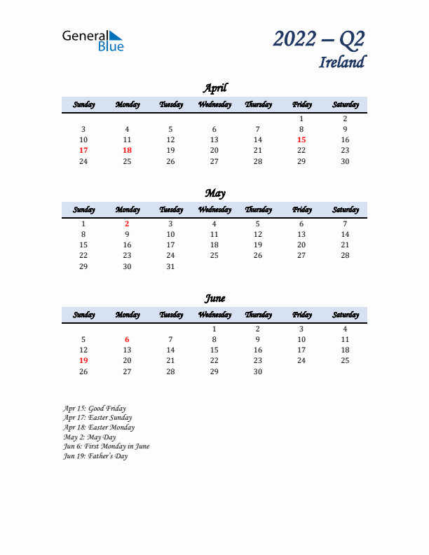 April, May, and June Calendar for Ireland with Sunday Start