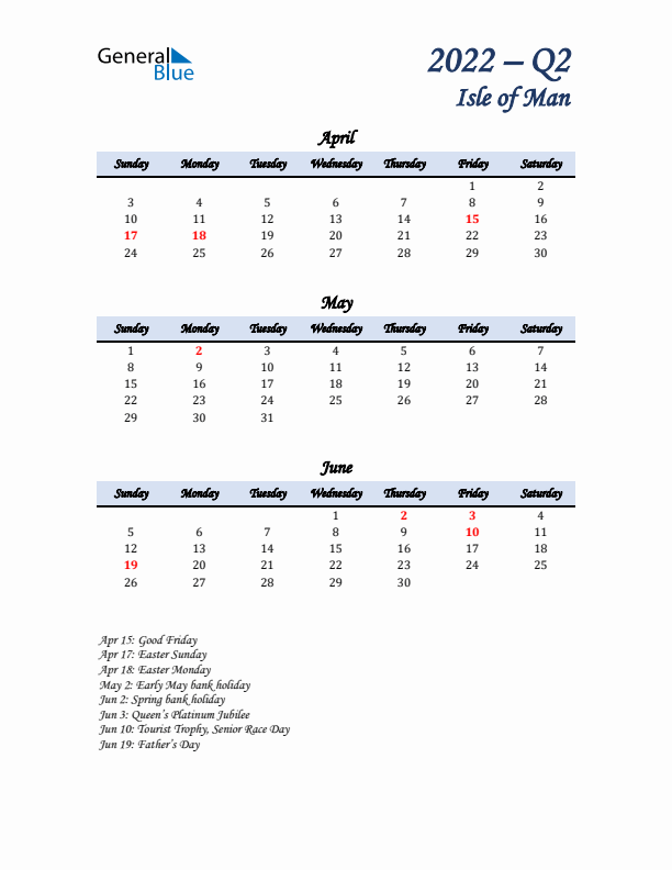 April, May, and June Calendar for Isle of Man with Sunday Start