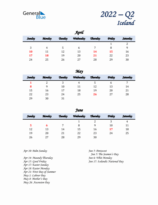 April, May, and June Calendar for Iceland with Sunday Start