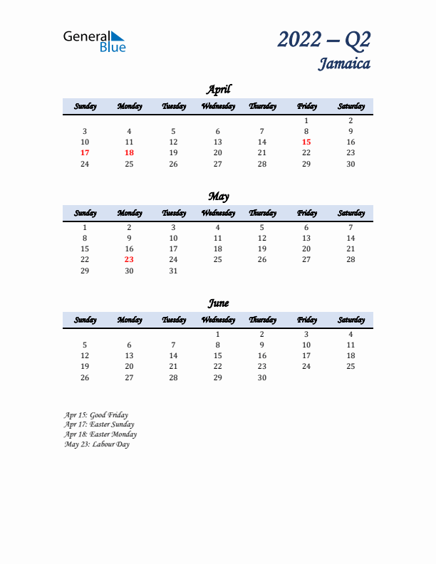 April, May, and June Calendar for Jamaica with Sunday Start