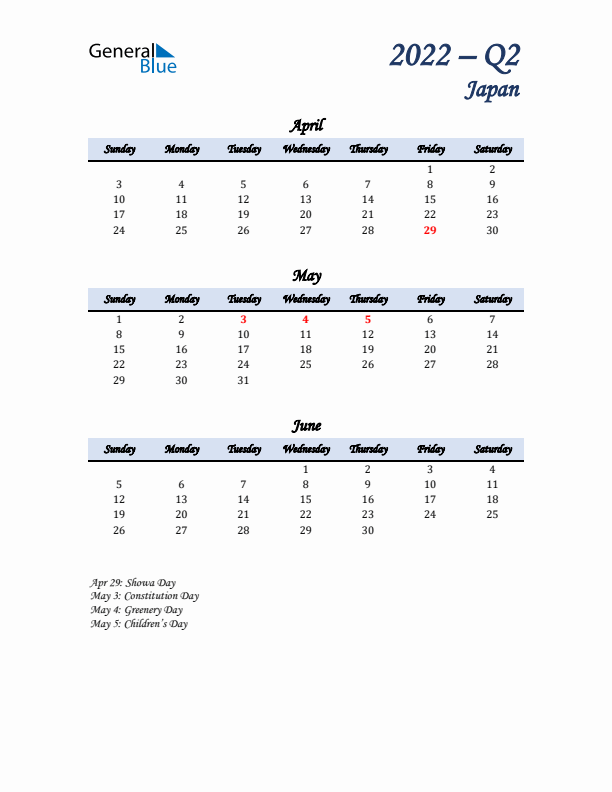 April, May, and June Calendar for Japan with Sunday Start