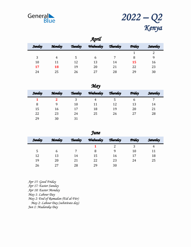 April, May, and June Calendar for Kenya with Sunday Start