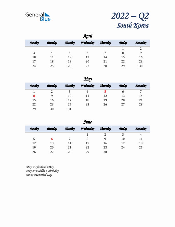 April, May, and June Calendar for South Korea with Sunday Start