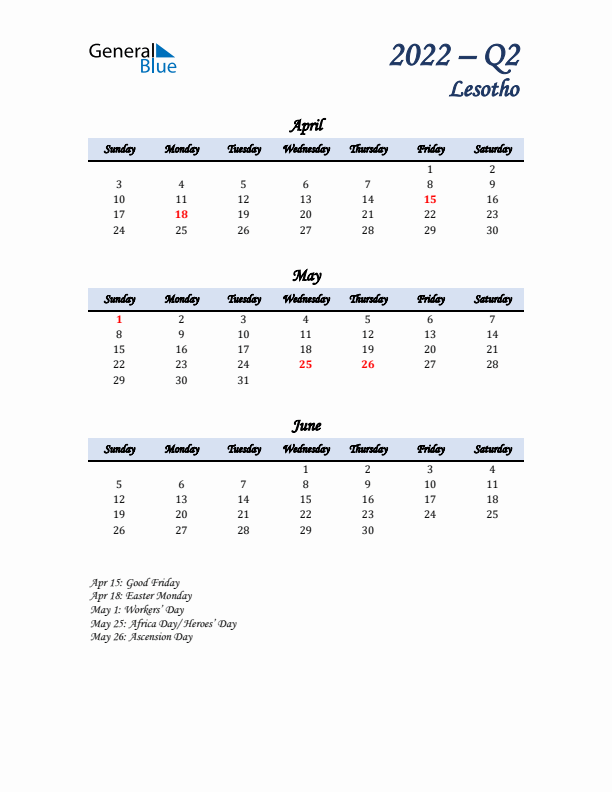 April, May, and June Calendar for Lesotho with Sunday Start