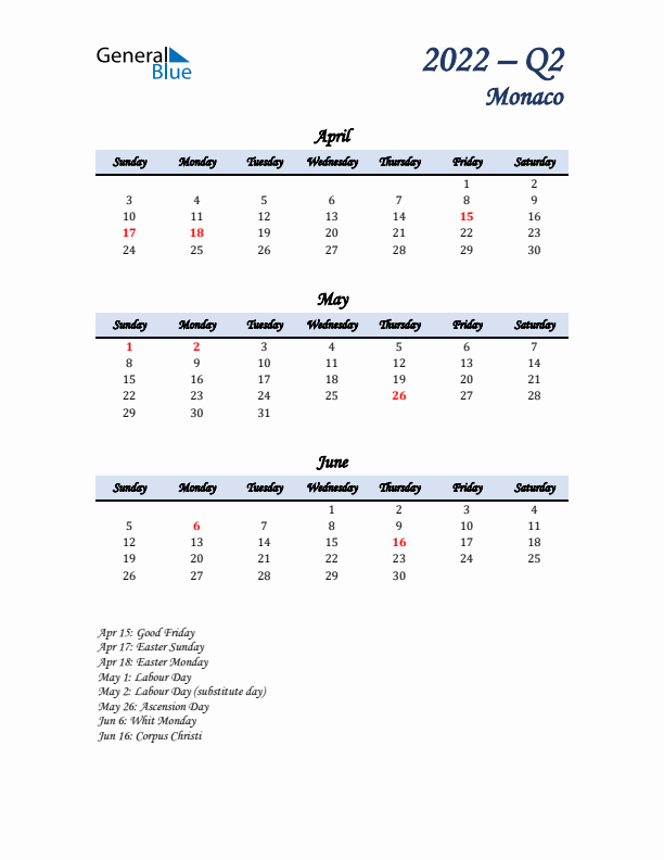 April, May, and June Calendar for Monaco with Sunday Start