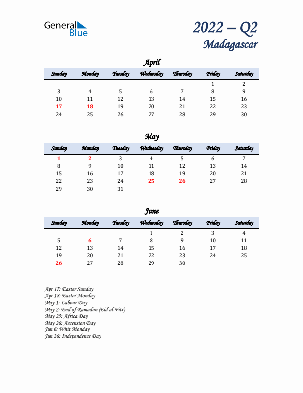 April, May, and June Calendar for Madagascar with Sunday Start