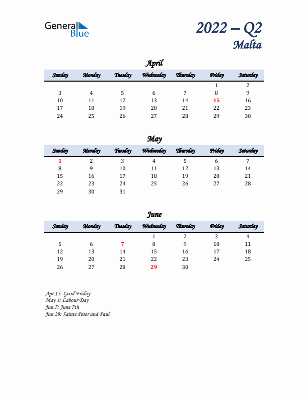 April, May, and June Calendar for Malta with Sunday Start