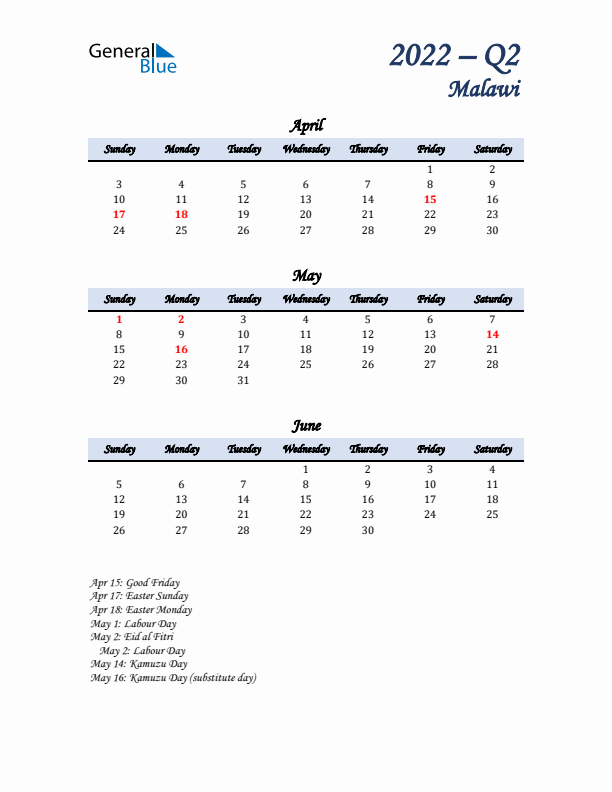 April, May, and June Calendar for Malawi with Sunday Start