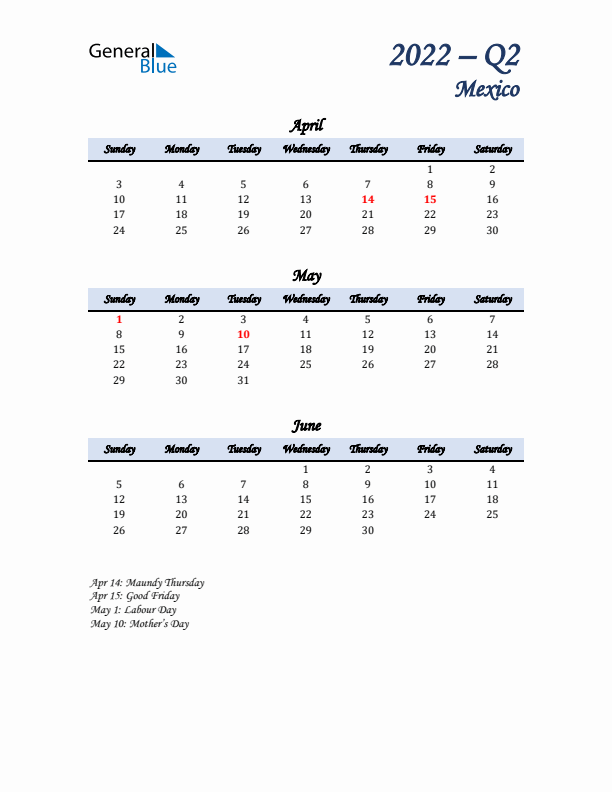 April, May, and June Calendar for Mexico with Sunday Start