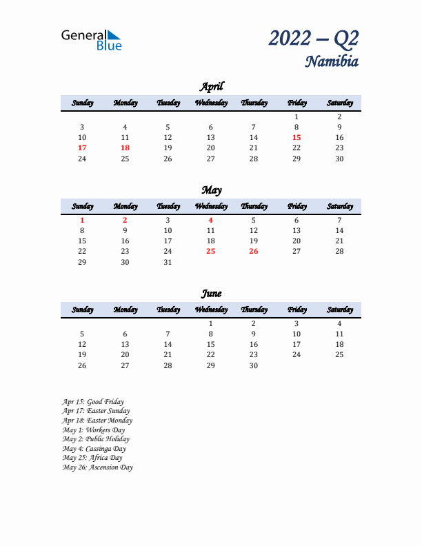 April, May, and June Calendar for Namibia with Sunday Start