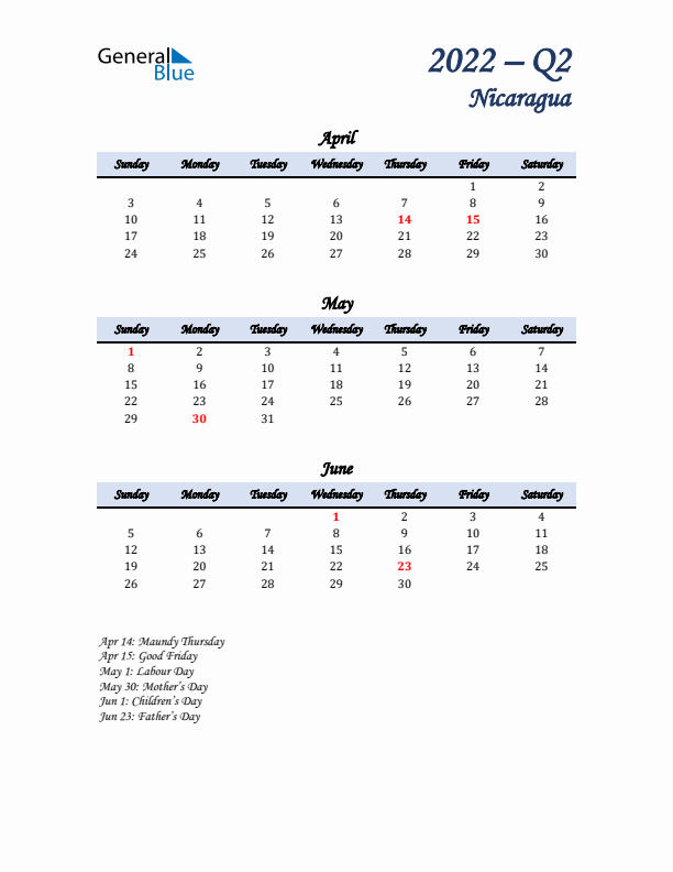 April, May, and June Calendar for Nicaragua with Sunday Start