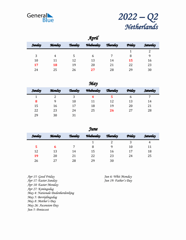 April, May, and June Calendar for The Netherlands with Sunday Start