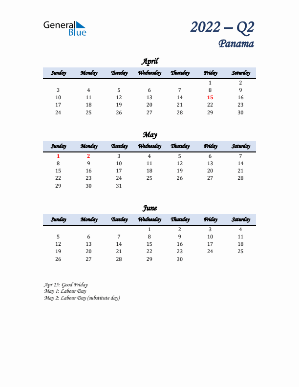 April, May, and June Calendar for Panama with Sunday Start