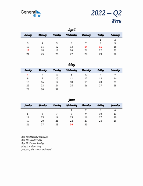 April, May, and June Calendar for Peru with Sunday Start