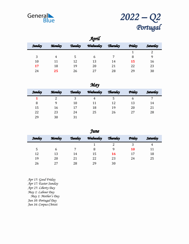 April, May, and June Calendar for Portugal with Sunday Start