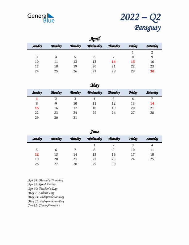 April, May, and June Calendar for Paraguay with Sunday Start