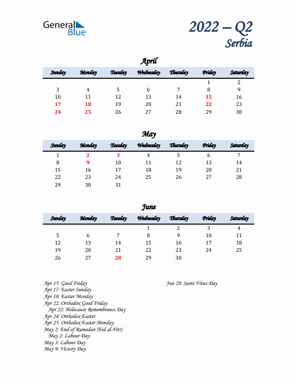 April, May, and June Calendar for Serbia with Sunday Start