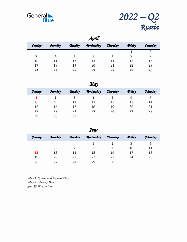 April, May, and June Calendar for Russia with Sunday Start