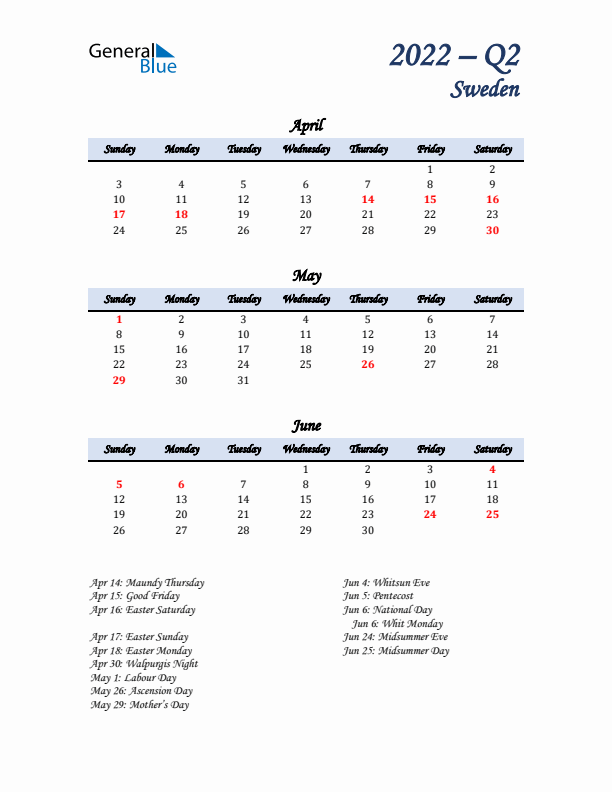 April, May, and June Calendar for Sweden with Sunday Start