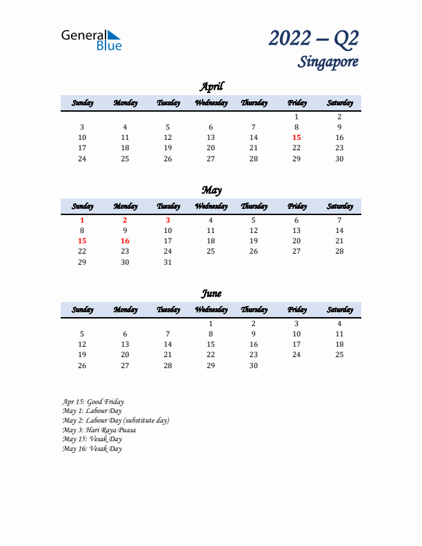 April, May, and June Calendar for Singapore with Sunday Start