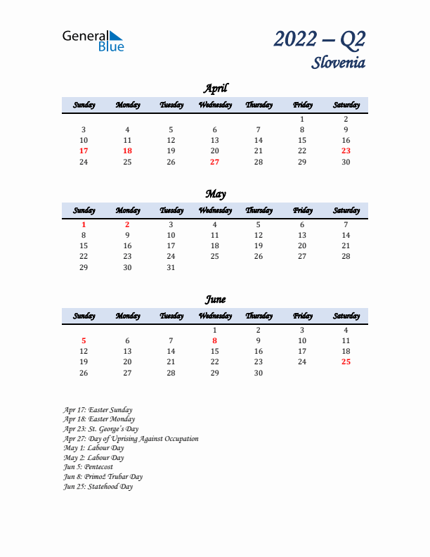 April, May, and June Calendar for Slovenia with Sunday Start