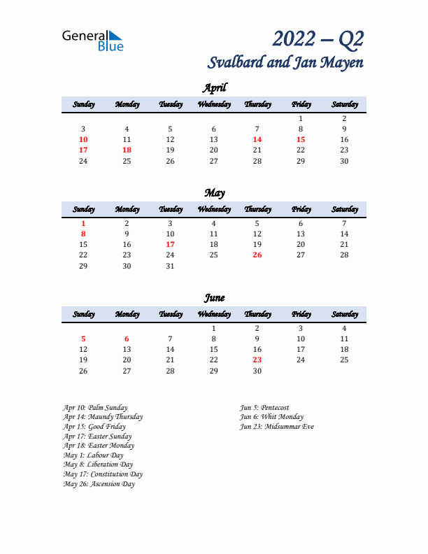 April, May, and June Calendar for Svalbard and Jan Mayen with Sunday Start