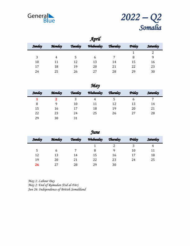 April, May, and June Calendar for Somalia with Sunday Start