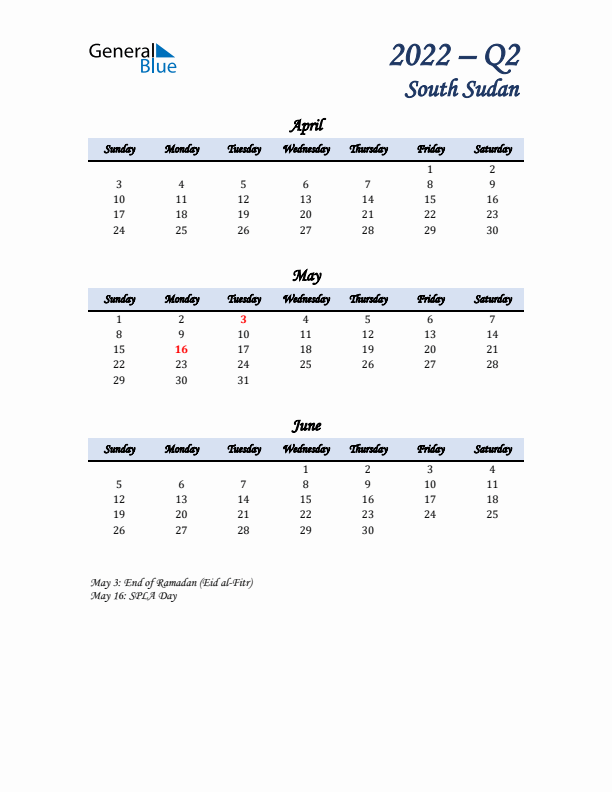 April, May, and June Calendar for South Sudan with Sunday Start