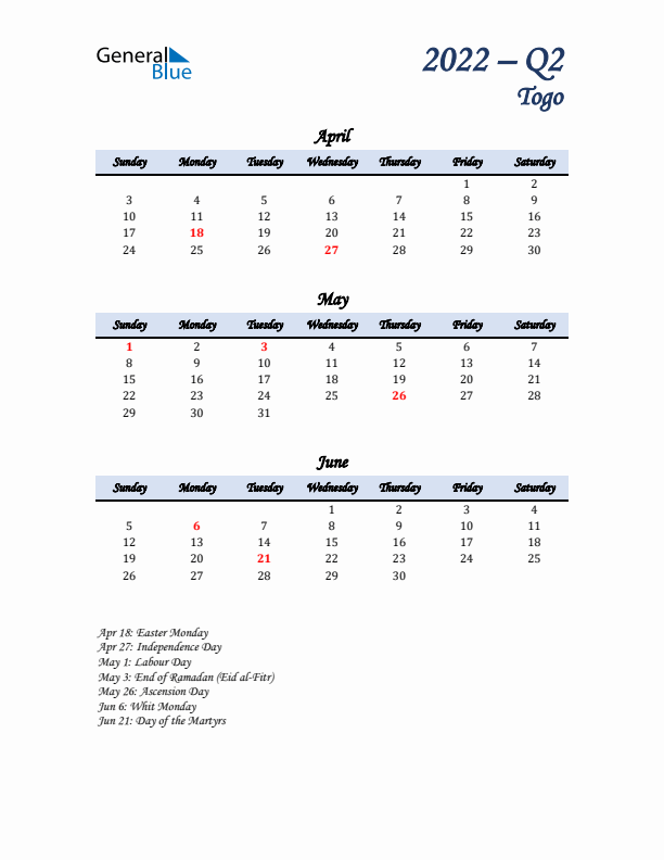 April, May, and June Calendar for Togo with Sunday Start