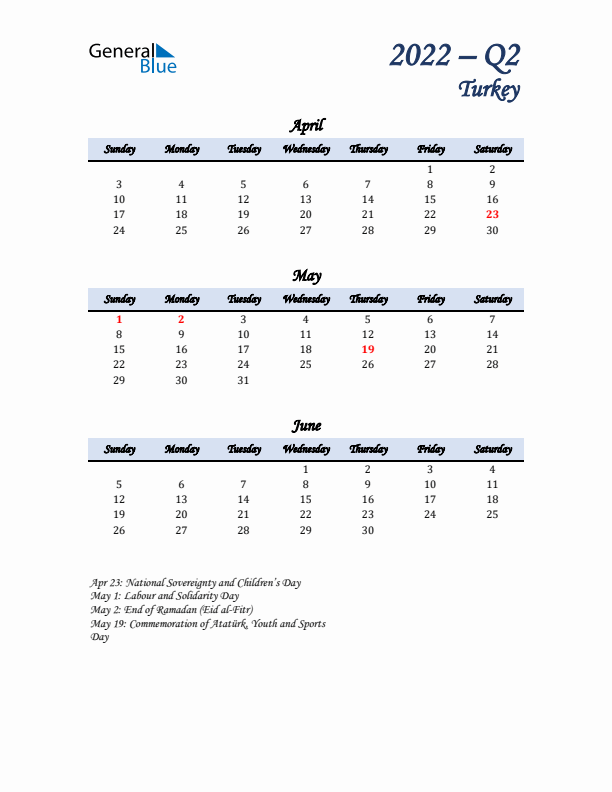 April, May, and June Calendar for Turkey with Sunday Start