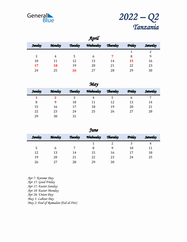 April, May, and June Calendar for Tanzania with Sunday Start