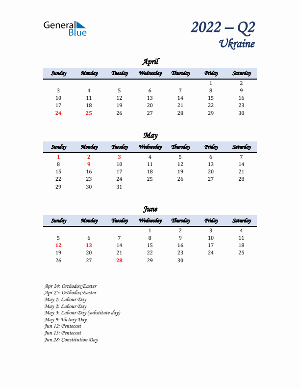 April, May, and June Calendar for Ukraine with Sunday Start