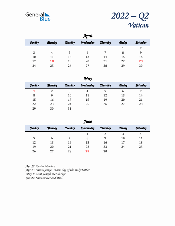 April, May, and June Calendar for Vatican with Sunday Start