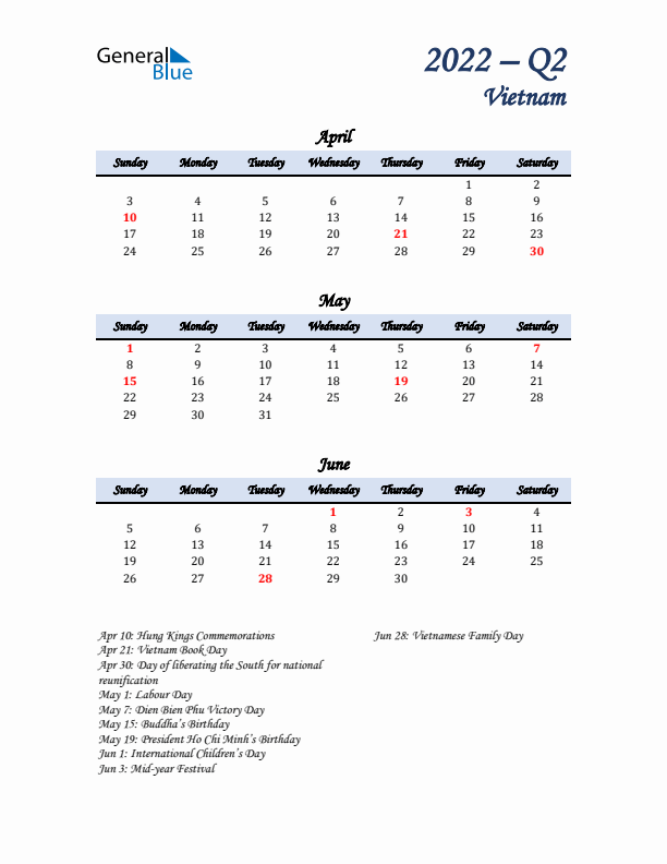 April, May, and June Calendar for Vietnam with Sunday Start