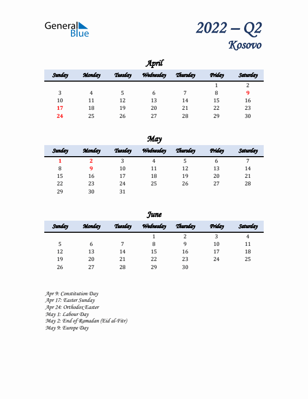 April, May, and June Calendar for Kosovo with Sunday Start