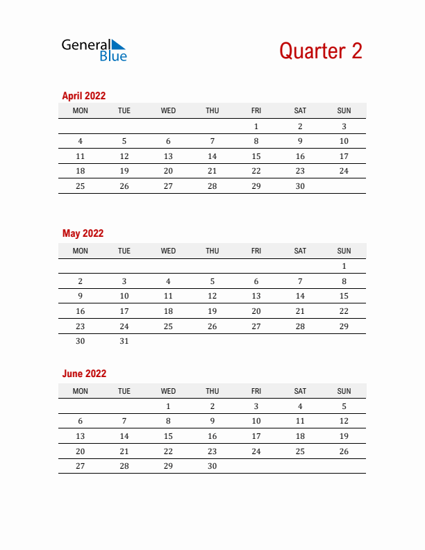 Three-Month Printable Calendar 2022