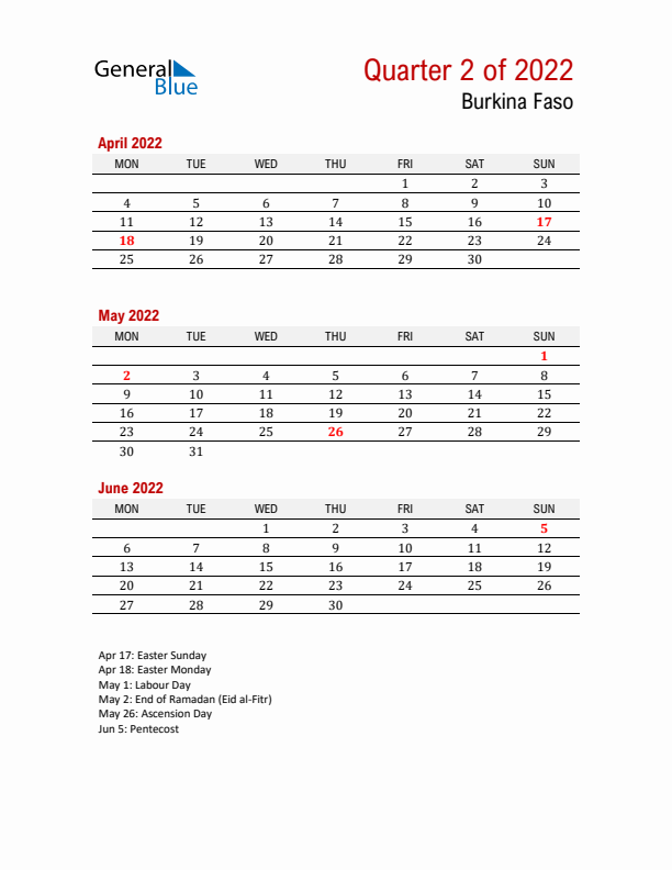 Printable Three Month Calendar with Burkina Faso Holidays